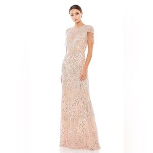 NWT Mac Duggal Military Style Beaded sequin Fringe Sheath Gown Platinum